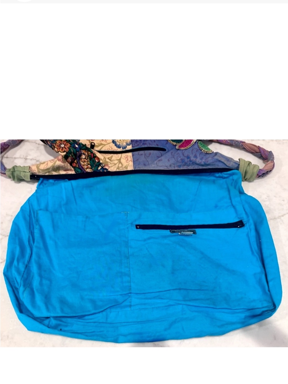 💙BLUE SKY💙 COTTON CANVAS LINEN TIE-DYE FLORAL EMBROIDERY 9 POCKET ZIP AROUND BAG - Picture 9 of 16